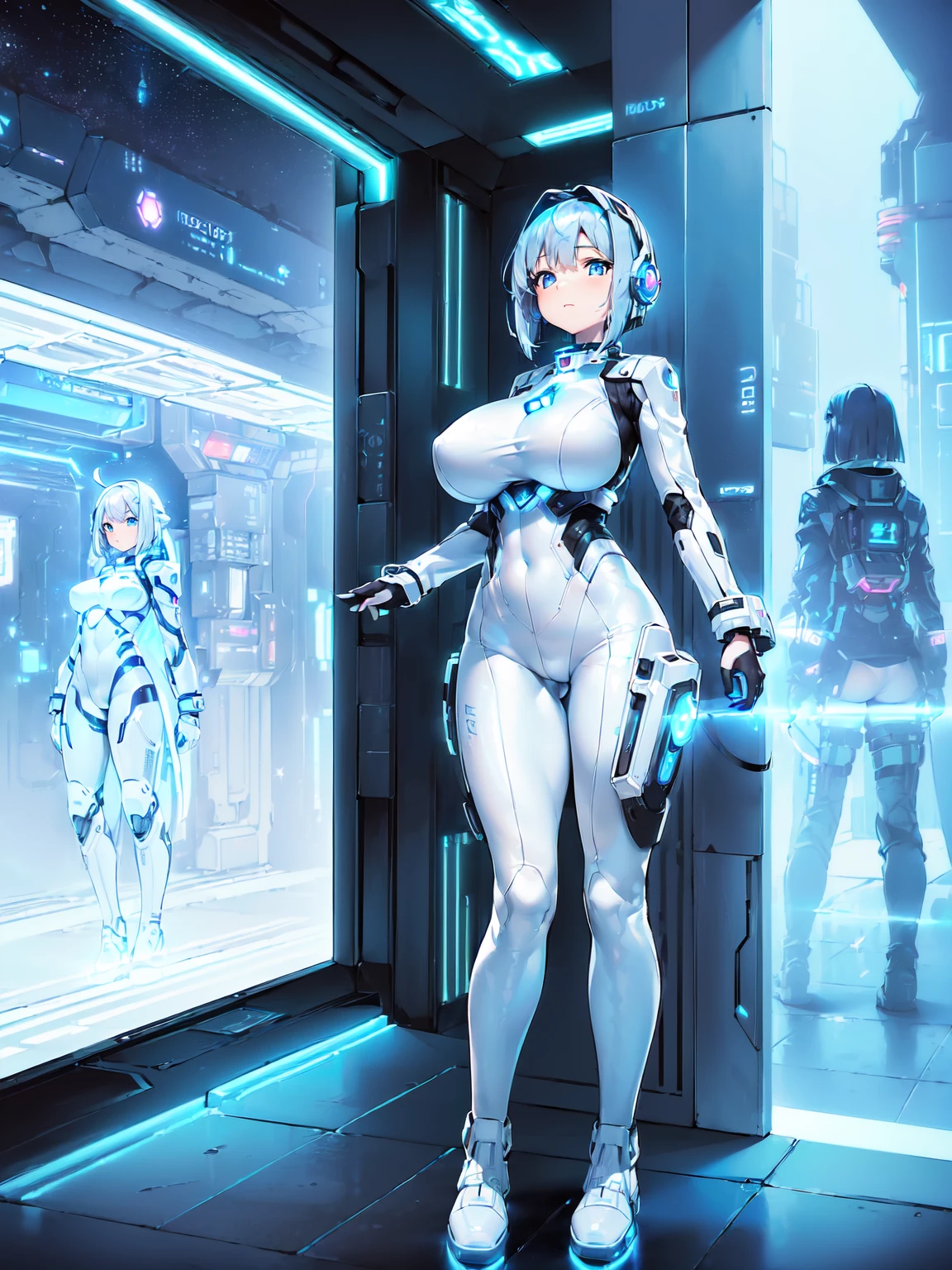 ​masterpiece:1.4, 1girl in ((20yr old, Wearing a futuristic white and silver costume, Tight Fit , long boots, Very , (Colorful blue hair):1.3, a short bob, Perfect model body, Blue eyes:1.2, Wearing headphones, Looking out the window of the futuristic sci-fi space station、While admiring the beautiful galaxy:1.2, SFSF control room on night background:1.1, Neon and energetic atmosphere:1.2)) ((Galaxy))