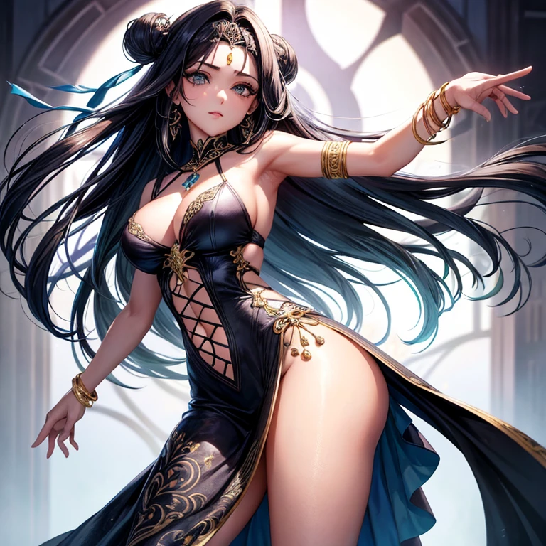 Mulher, vestido preto, cabelo curto e preto, standing on its side, olhos castanhos escuros, peitos grandes, coxa grossa, cintura fina, bunda grande, sexy, bracelet on an arm
