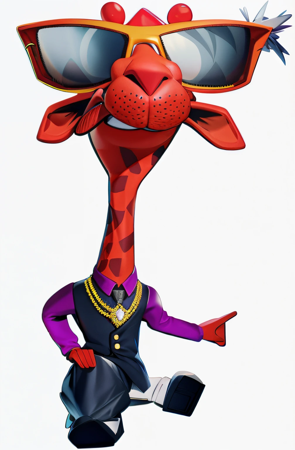 cartoon giraffe with sunglasses, hat and tie, long neck, NO long neck, very long neck, long necks, Lowres, alto, Caractere mesclado, imagem dos desenhos animados, Arte Oficial, mascote de corpo inteiro, his trunk is a long tentacle, he has an elongated head shape, villain pose, !!!Anthropomorphic!!!Usa colete preto.grey pants.Sapatos brancos com bico branco.dollar sign necklace(dolar).estilo gangster.boca fechada.Lingua para fora no canto esquerdo.descolado.estilo Pixar 3D.modelo em 3D.modelo em 3D .extremamente detalhista.Details are not deformed.Be careful with the details of your hands.Os sapatos devem ter formas arredondas.