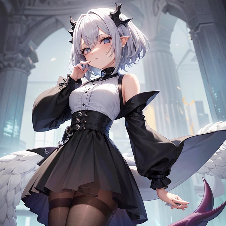 (melhor qualidade: 1.0), (super high res: 1.0), 1girl, personagem extremamente detalhado, detailed hands, Half-dragon girl, chifres, Dragon horns, Girl with black dragon tail, Black dragon tail, Cabelo extremamente detalhado, cabelo curto, ((short hair)), ((cabelos brancos)), ((Dicas de cor preta)), olhos extremamente detalhados, olho com cores diferentes, Heterocromia, Olho direito de cor branca, Olho esquerdo de cor preta, dragon eyes, 2D, Arte de Anime, ((barnet)), ((corpo inteiro)), standing on her feet, medieval, RPG, pequena, baixa, (Altura Pequena), peitos pequenos, (adolescente), olhar morto, grim expression, preocupado, look of tiredness, camisa de manga comprida, Black jacket, brincos de estrela + Branco, vestido medieval + preto, pantyhose + black + white, salto alto