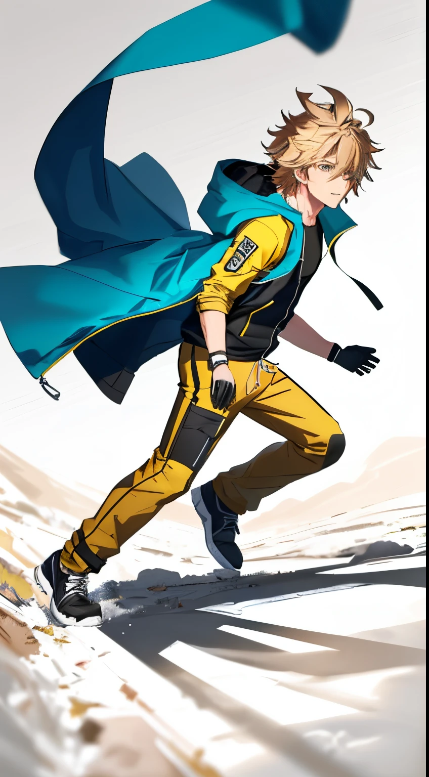 a man running left to right, male character, running pose, dynamic active running pose, running freely, blonde hair, messy hair, black joggers, unzipped yellow coat, windy, autumn, sideview, realistic, best quality, detailed, no background, no blur, view from the side, full body shot, sharp, focused, coat blowing in the breeze, realistic, detailed hands, detailed face, wet clothes, right leg in front, left leg in back