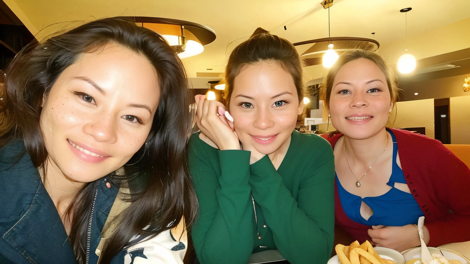 three women sitting at a table with a plate of food, with wet faces!!, not blurry, beautiful girls, 3delight, not cropped, non blurry, with clothese, selfie photo, blurry image, well edited, beautiful women, chinese, without makeup, photo taken in 2 0 2 0, candid picture, with funny feeling, face shot, low quality photo
