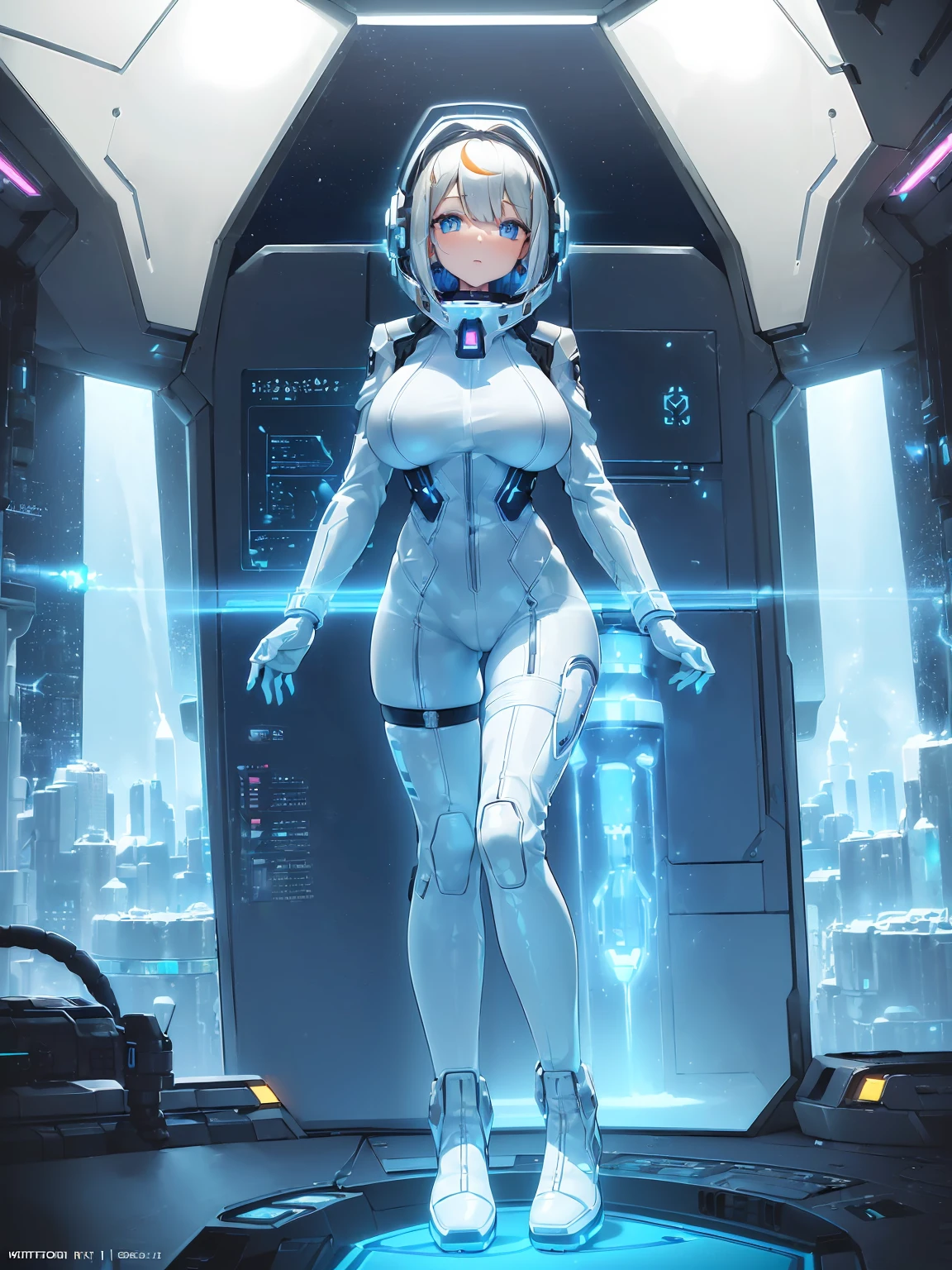 ​masterpiece:1.4, 1girl in ((20yr old, Wearing a futuristic white and silver costume, Tight Fit Bodysuit, long boots, Very gigantic-breasts, Multicolored blonde hair, a short bob, Perfect model body, Blue eyes:1.2, Wearing headphones, Looking out the window of the futuristic sci-fi space station、While admiring the beautiful galaxy:1.2, SFSF control room on night background:1.1, Neon and energetic atmosphere:1.2)) ((Galaxy))