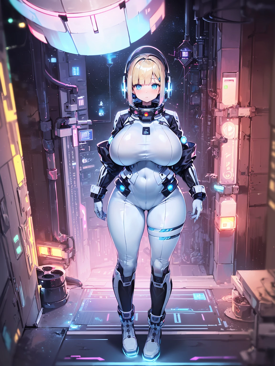 masterpiece:1.4, 1girl in ((20yr old, Wearing a futuristic white and silver costume, Tight Fit Bodysuit, long boots, Very gigantic-breasts, Multicolored blonde hair, a short bob, Perfect model body, Blue eyes:1.2, Wearing headphones, Looking out the window of the futuristic sci-fi space station、While admiring the beautiful galaxy:1.2, SFSF control room on night background:1.1, Neon and energetic atmosphere:1.2)) ((Galaxy))