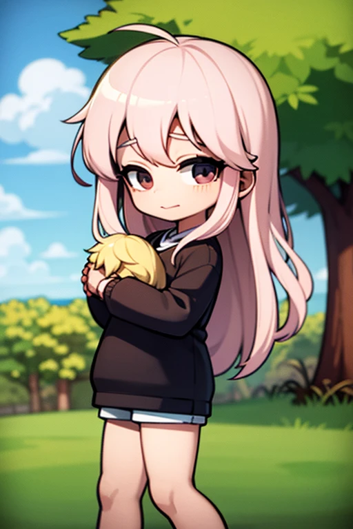 A light blonde haired little girl angel is hugging a pink haired girl with violet hair in a field.
