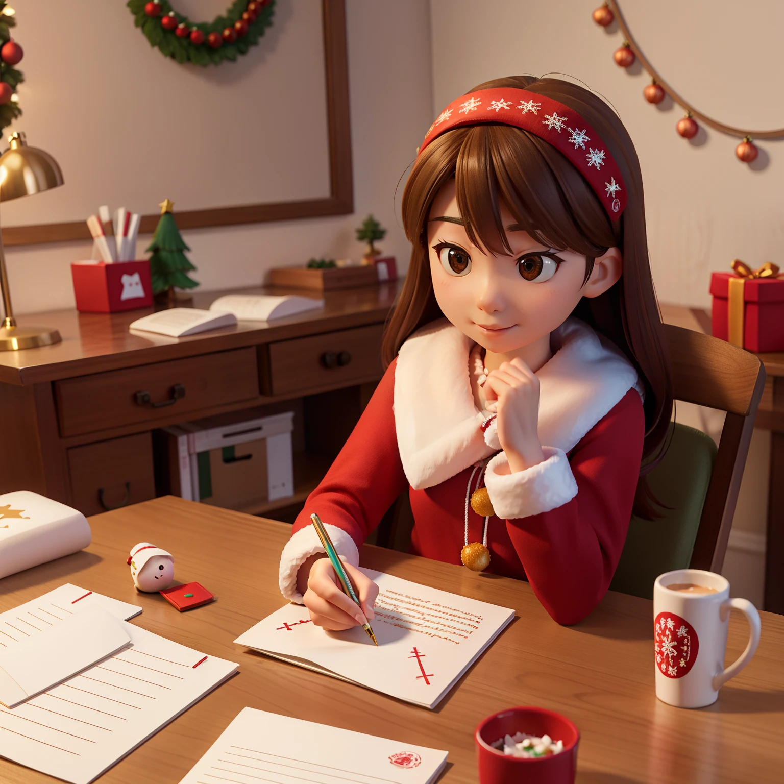 Emily sitting at her desk writing a letter。Christmas decorations are scattered on the desk。