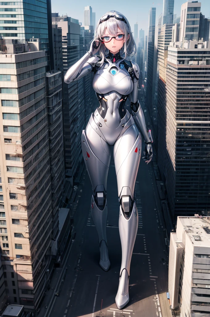 (1 girl), 5 8K UHD, Silver metallic mechanical beauty body , Shiny silver robot with skin, wearing goggles, beautiful detailed eyes, (full body shot:1.0) , gts, giantess, skyscrapers, stylish pose, (destruction, Collapsed buildings:1.0), hitting the building, from above,