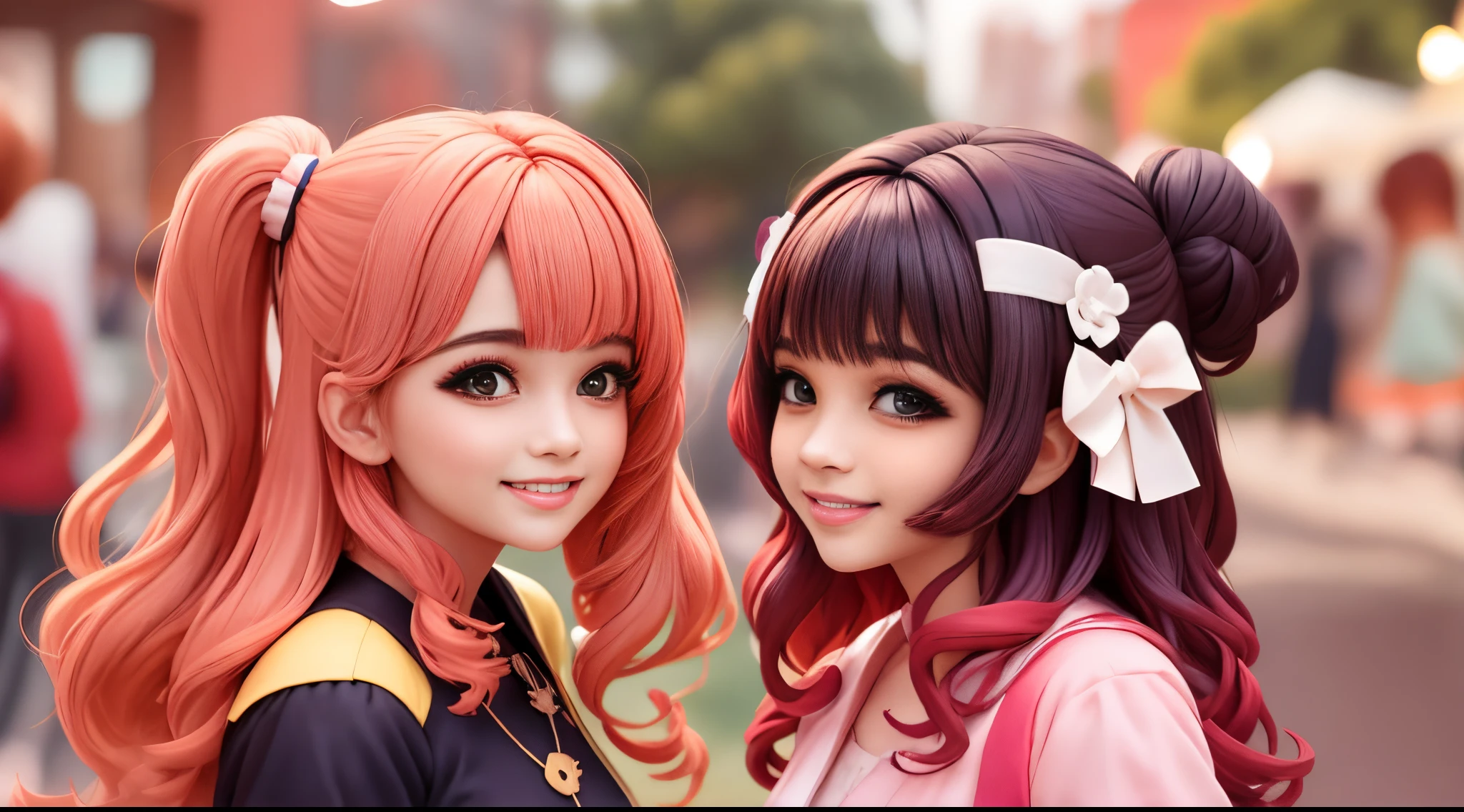 Duas s sendo uma cacheada de cabelo preto e uma ruiva uma do lado da outra sorrindo