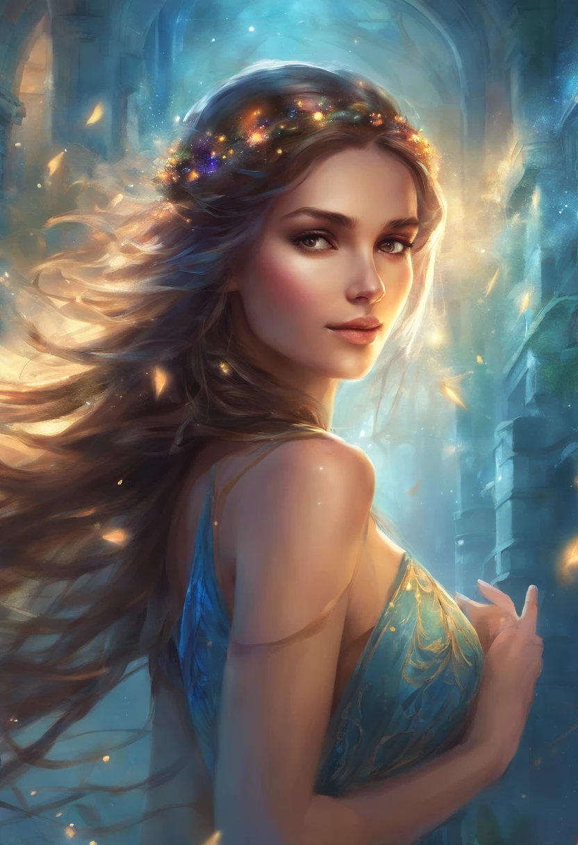 young female adult with long beautiful brown hair, she is wearing a nice blue summerdress when she finds a secret corridor in a small ally in the midst of Berlin that leads into a new mystical world that is filled with all the fantasy beings. small lightning fragments surrounds her. perspektiv is from her