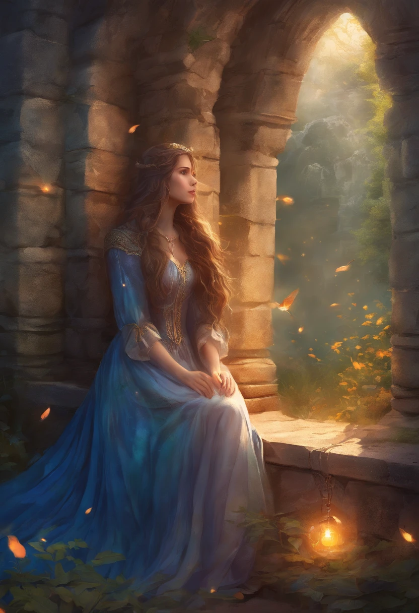 young female adult with long beautiful brown hair, she is wearing a nice blue summerdress when she finds a secret corridor in a small ally in the midst of Berlin that leads into a new mystical world that is filled with all the fantasy beings. small lightning fragments surrounds her. perspektiv is from her