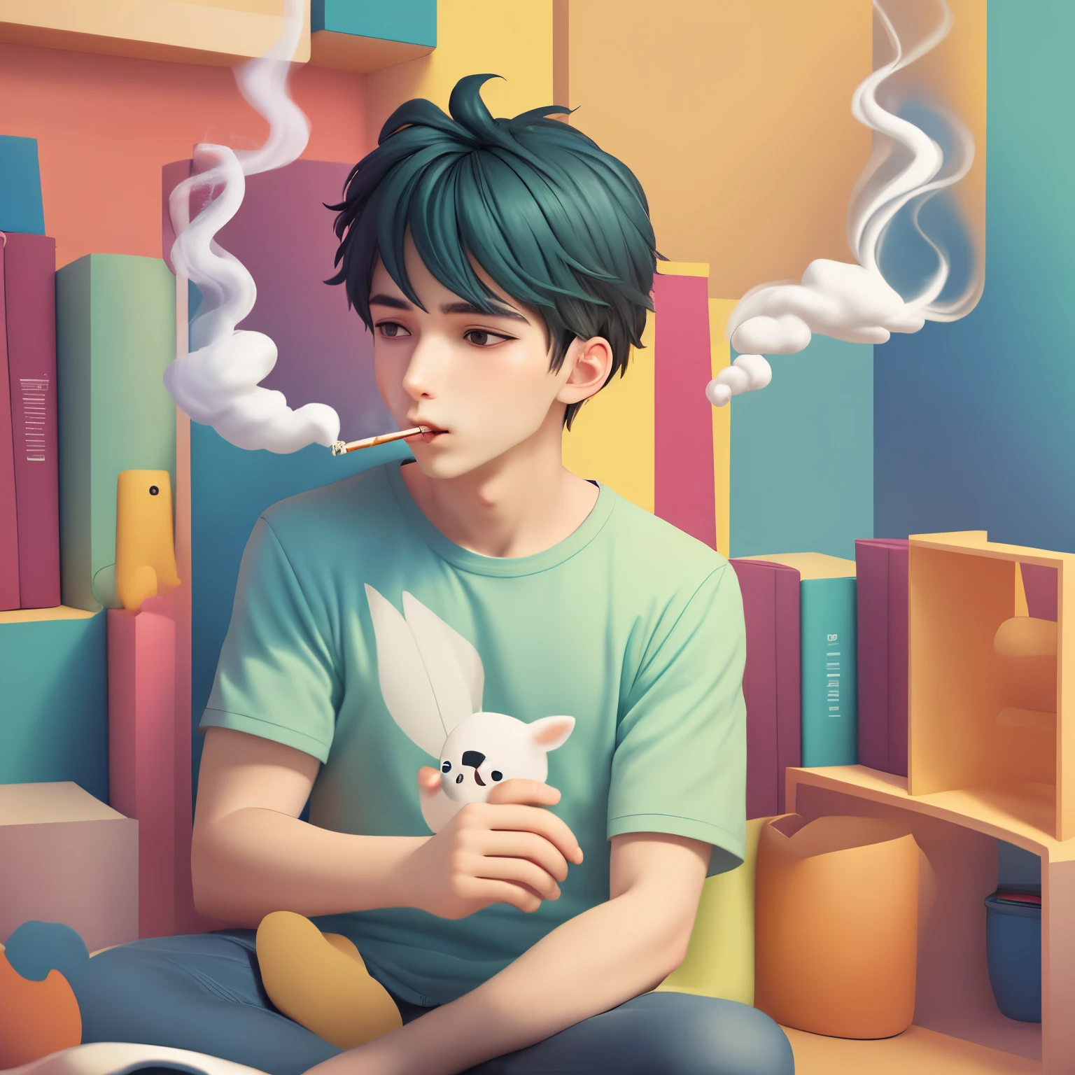 Colorful and calming cartoon image of a young man smoking