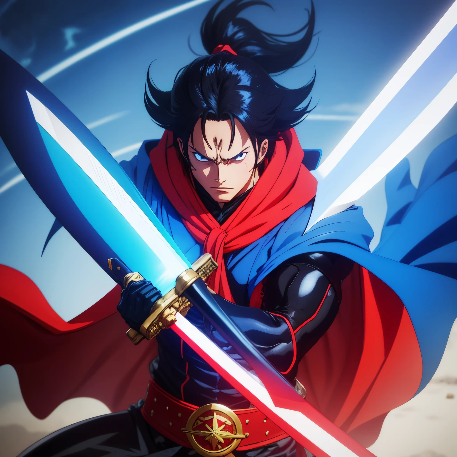 anime character, very strong, with a big blue sword, with a red cape, anime-style, very detailed, 4k