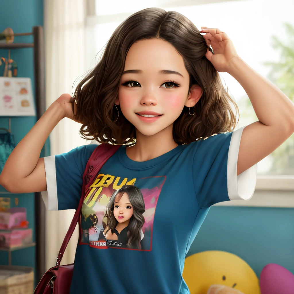 a five years girl、A smile、short non-binary person, wavy brown eyes and hair、Simple modern living room background with fireplace