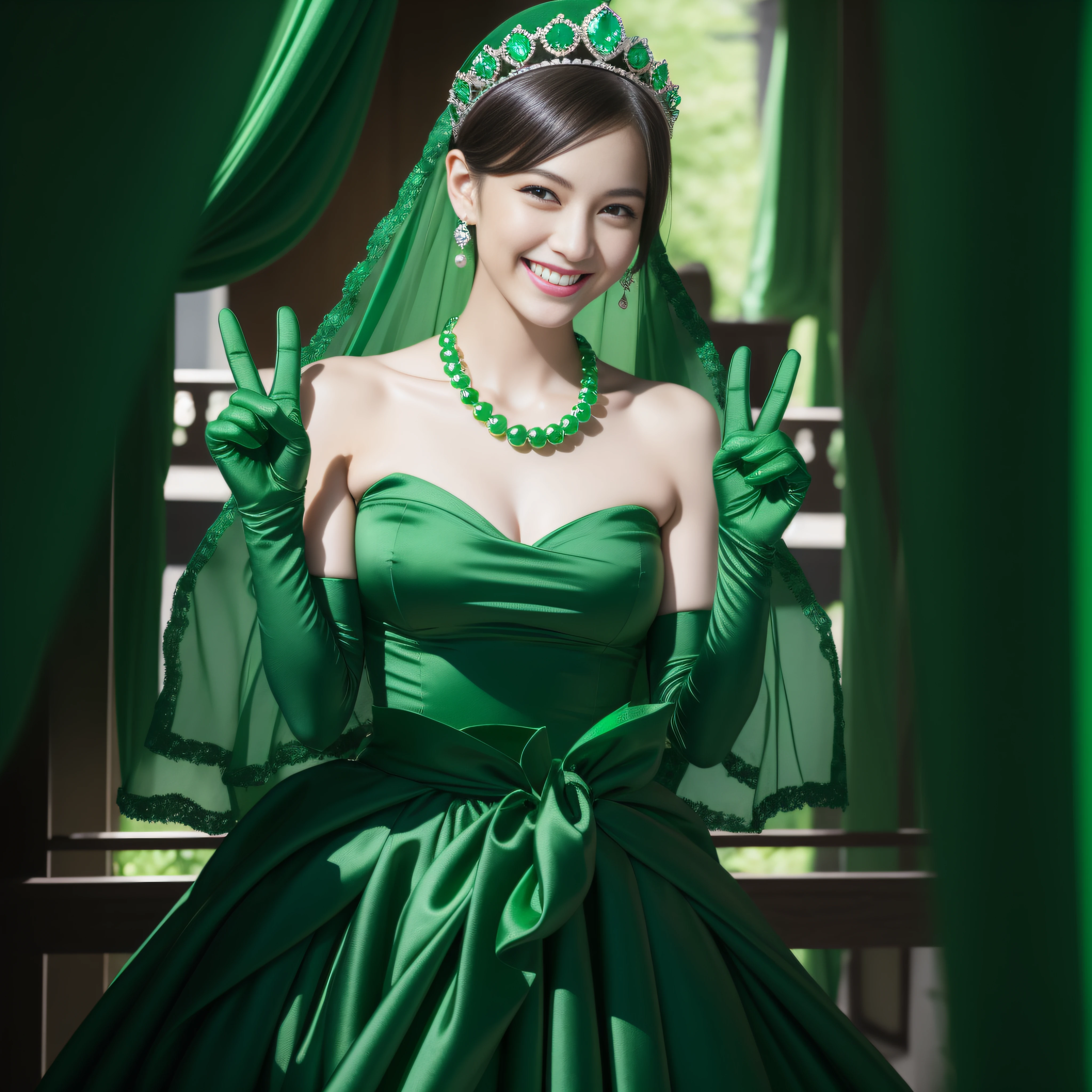 emerald tiara, Green Pearl Necklace, Boyish very short green hair, lipsticks, Japan woman smiling, very short short hair, big breasts beautiful, Green eyes, Long green gloves made of satin material, Green eyes, v sign,V-sign with both hands, Emerald Earrings