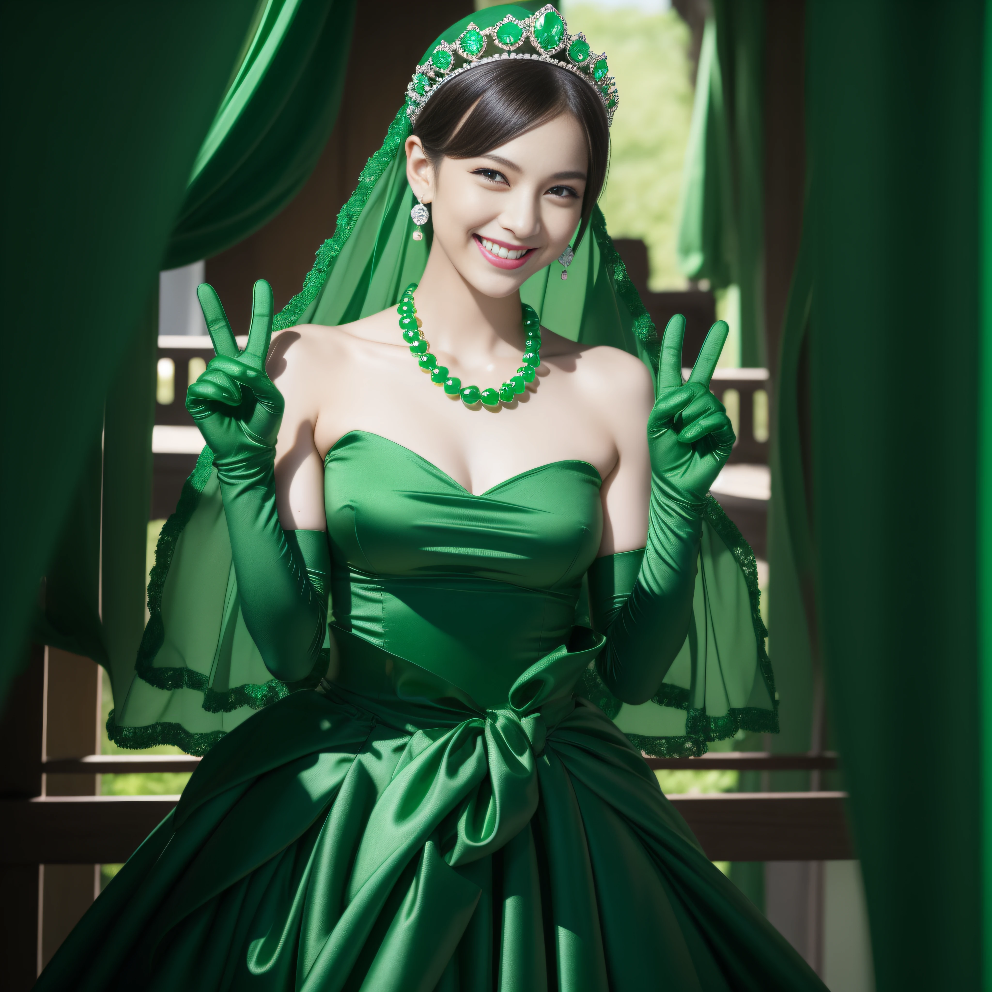 emerald tiara, Green Pearl Necklace, Boyish very short green hair, lipsticks, Japan woman smiling, very short short hair, Big Beautiful, green eyes, Long green gloves made of satin material, green eyes, v sign, double piece
