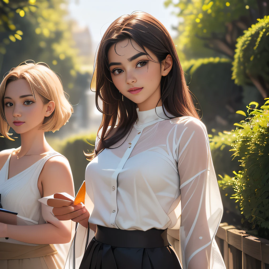 sfw, (Extremely detailed 8k wallpaper:2), (photo:2), (soigne Beautiful girl:2), (gives a lecture to friends:2), detailed (Face and eyes), (hyper realistic:1), (highly detailed:1), (epic realistic:1), rim light, (maximum details:1), cozy, (fullbody:1.3), (looking at viewer:2.0), (Woman's Attractive Qualities:2), (Attractive Woman:2), (Attractive:2), Smile, Intelligence, Empathy, Gracefulness, Sense of Style, Fitness, Grooming, Optimism, (Sensitivity:2), Sincerity, Romantic Gestures, Playfulness, Fashion Sense, (Sensuality:2), Charm, Modesty, Thoughtfulness, (Femininity:1), Flirtatiousness, Warmth, (Physical attractiveness:2), A beautiful smile, A love of life, strength and power, vulnerability, curiosity, wonder, love, (nature background:2), kawaii, waifu, Beautiful breasts, (attractive body:2), (Beautiful body:2), Beautiful pose, attractive pose, (Beautiful legs:1.0), (spread legs:1.0), (Beautiful clothes:1), (classic clothes:2), (elegant clothes:2), (European clothes:2), detailed clothes, (skirt:1), (blouse:1), (provocative pose)