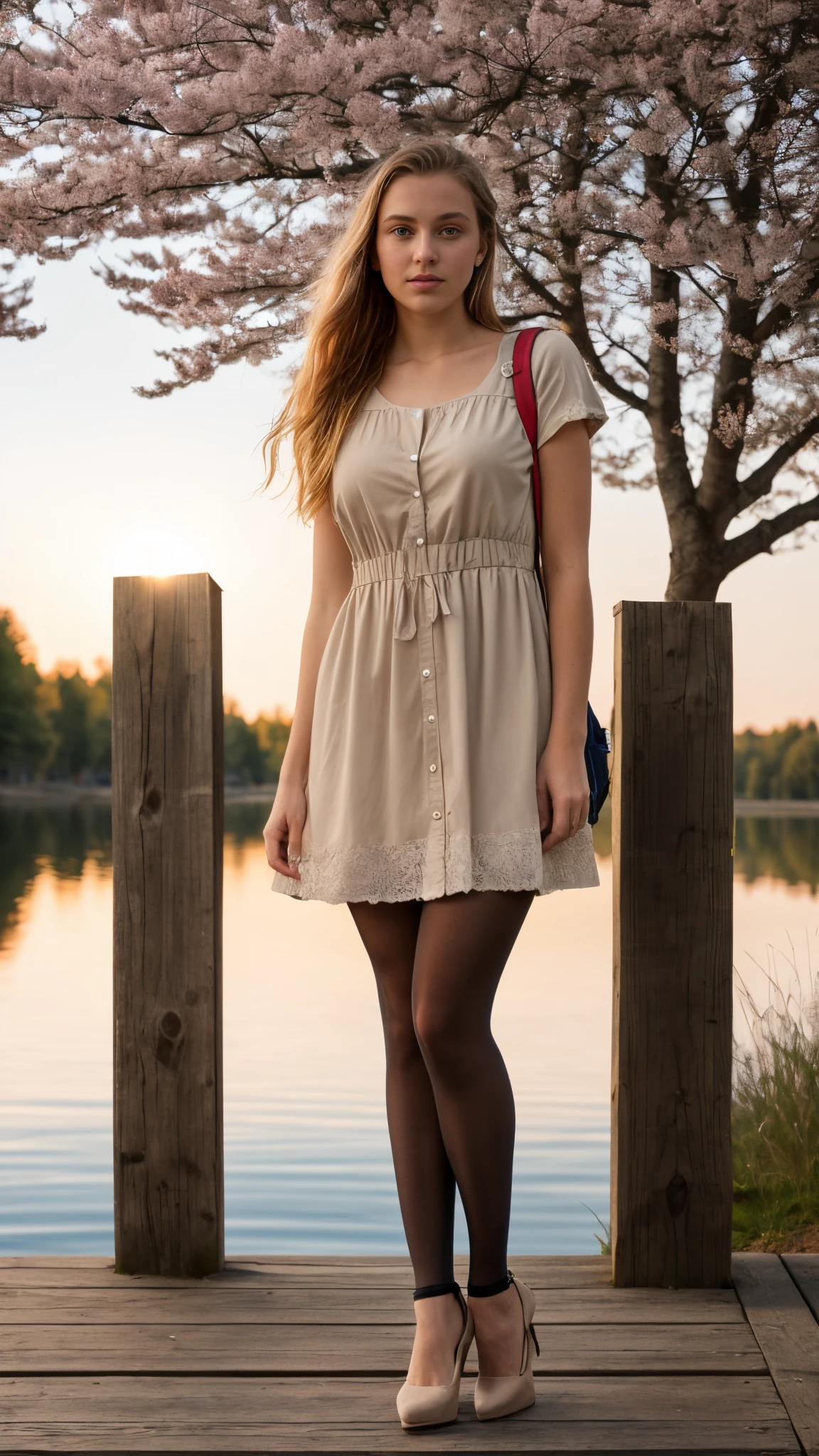 16 year old pre-teen, Finnish, blonde, long hair, small breasts, big eyes, long legs, Close-up on thighs, beige dress, (pantyhose 1.34), high heels, backpack, park background, crossing a wooden bridge on lake, Trees, cherry blossom, sunrise, light through fabric, (realistic, photorealistic: 1.37), specular light, ray tracing, HDR