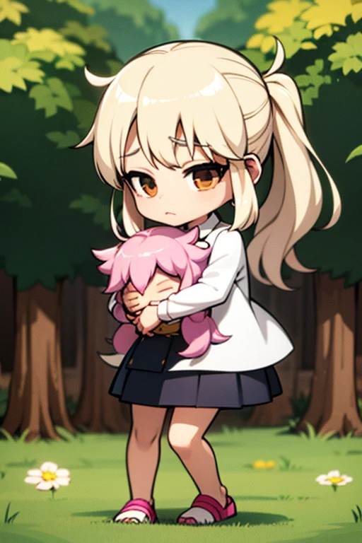 A light blonde haired little girl with hazel eyes is hugging a pink haired girl with violet hair in a field.