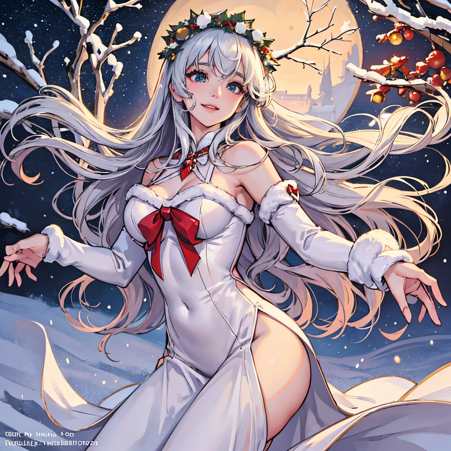 (best quality,4k,8k,highres,masterpiece:1.2),ultra-detailed,(realistic,photorealistic,photo-realistic:1.37),beautiful girl in xmas dress,snowy winter scene,glimmering lights,sparkling snowflakes,joyful expression,glowing cheeks,shiny silver ornaments,candy cane accessories,festive red and green colors,soft falling snow,enchanted forest background,ethereal atmosphere,warm fireplace glow,delicate lace details,vibrant holiday spirit,adorning bows and ribbons, magical ambiance,celebratory mood,professional illustration,gently lit candles,lovely wavy hair,festive wreath,rooftop chimneys,stunning evening gown,cheerful smile,dancing snowflurries,exquisite makeup,delightful xmas decorations,twinkling starry sky,soft angelic halo,elegant pose,peaceful tranquility,heartwarming scene,snow-covered trees,holly and mistletoe,enchanted winter wonderland,gorgeous beauty,soft and warm touch,graceful ballerina-like movements