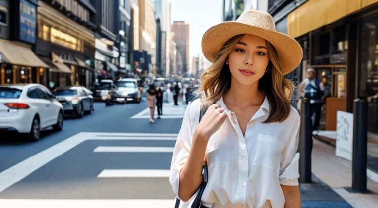 mulher de biquini estilo cowgirl, in a bustling city walking on the sidewalk by day, a mulher de olhos azuis, cabelos loiros, corpo perfeito, seios perfeitos, imagem perfeita, imagem realista, 8k, detalhes incriveis, rosto perfeito, corpo perfeito, hand perfect, paisagem em destaque