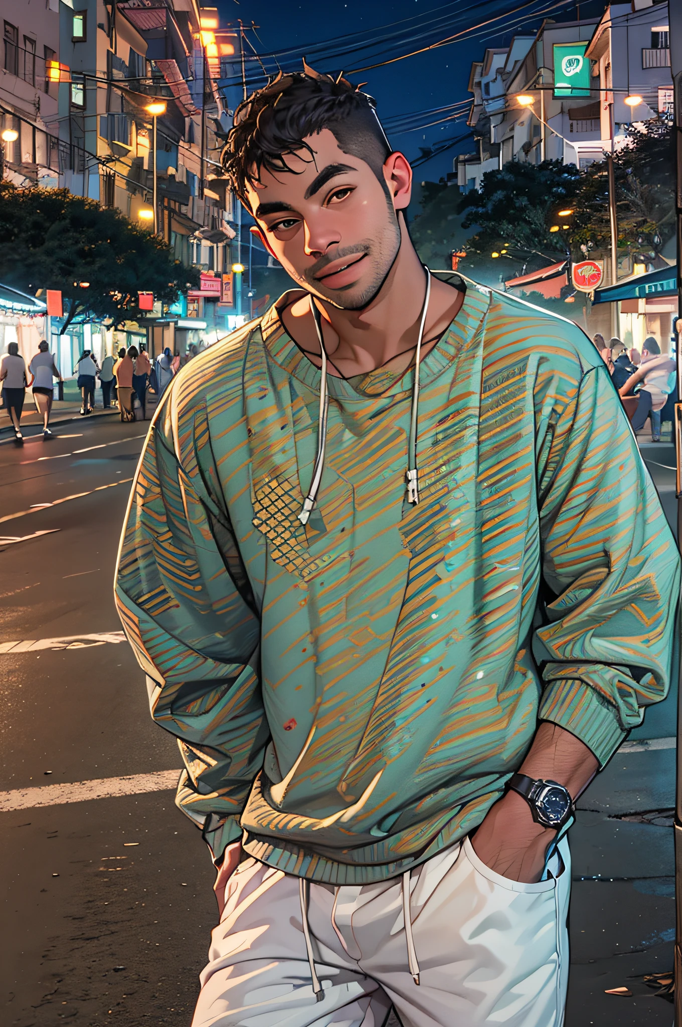 brazilian male, white  skin, perfect brown eyes, details, eyebrow, smiling, lips, short straight blue hair, dyed nape blue, Coolane Rhinestone Skeleton Pattern Cami Top With Sweatshirt Super Short, Dianhua Men's Cargo Pants Harem joggers in casual hip hop sweatshirt with multiple pockets, thin waist, thick legs, thick thighs, background scenery, ultra detailed rio de janeiro, beach, night light, night, beautiful night