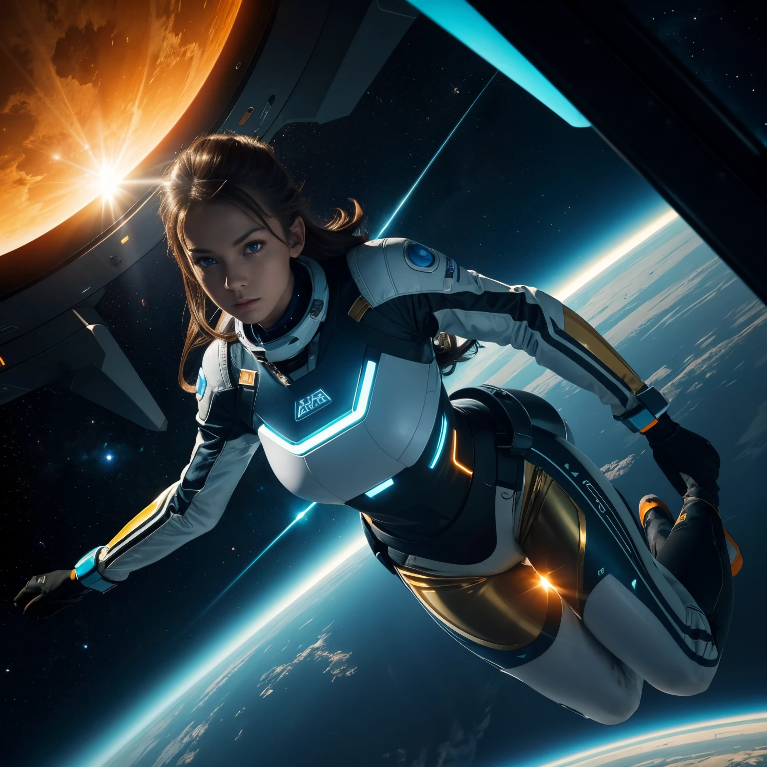 (masterpiece, best quality), beautiful female space pilot with blue eyes and brown hair is wearing a futuristic space suit in latex, gold, white, shiny, glowing light stripes in space suit inspired by TRON, space suit top, but wearing only boxer shorts, bare legs, HD, the girl is floating around in zero gravity in a cabin of a futuristic spaceship, no gravity, weightless, flying around, through a window in the spaceship we can see the glowing sun from a close distance, subdued light, lots of displayers and instruments are the main source for the light in the scene, displayers in orange and blue light, a glowing orange light from the planet outside the space ship i dominating the scene, cinematic lighting in the hair, hair light, wind in the hair,