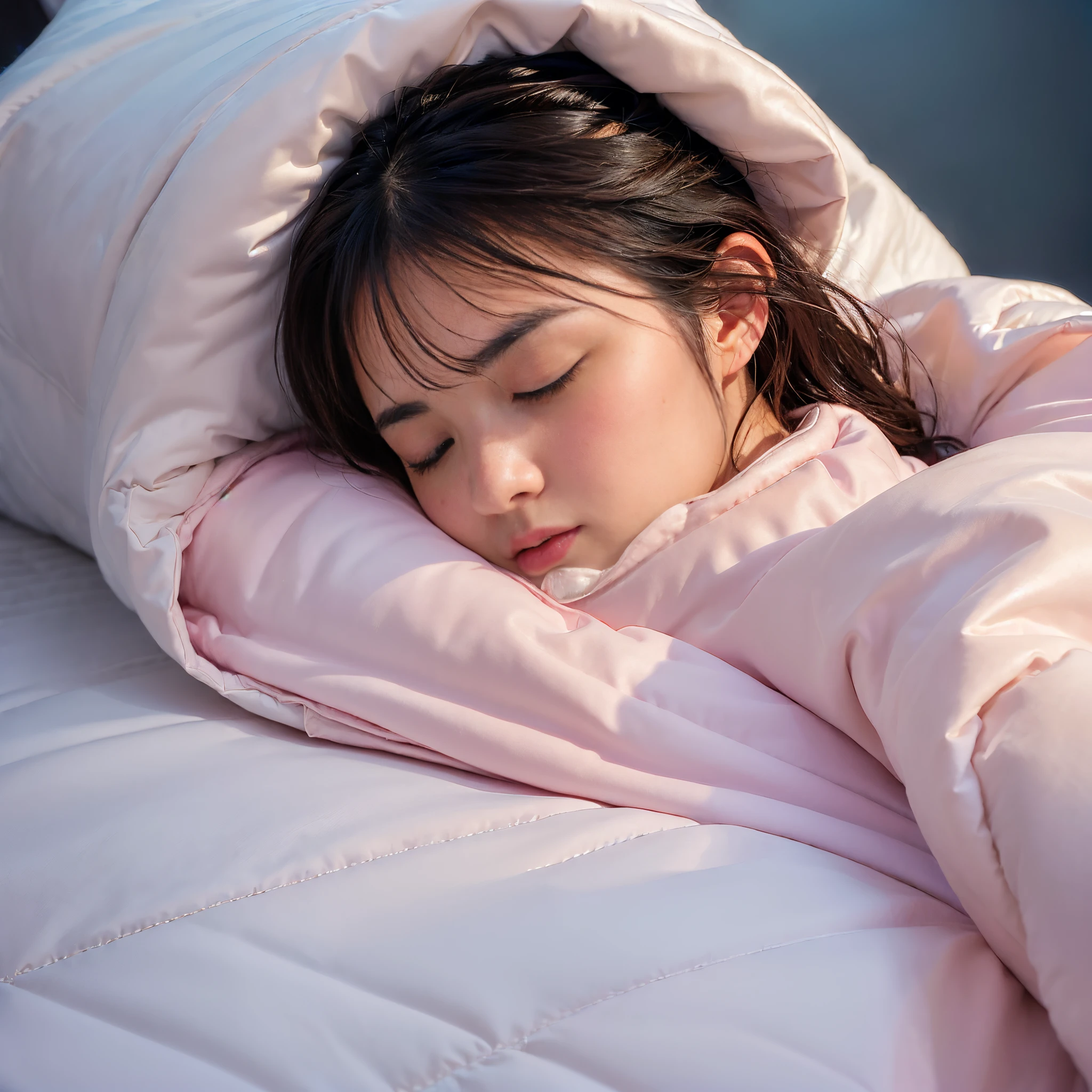 Best-quality, Masterpiece, Ultra-High-Resolution, (Photorealistic:1.4), Raw-Photo, Extremely-Details, Perfect-Anatomy,
((((1girl)))), -yeld, thost famous Japanese idol, ((((over head shot, from above, front view, face focus, close-up)))),
(((lying on her back in luxurious bed, close eyes, (((put thick comforter over her neck)))))),
extremely cute sleeping face, extremely beautiful long eyelashes, extremely beautiful blushing cheeks, extremely beautiful hair, extremely beautiful skins, extremely beautiful wet lips,
detailed luxurious bed, detailed thick comforter, detailed warm sleeper pajamas with cute design