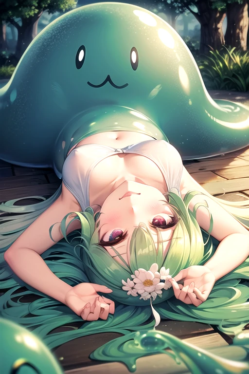 HDR, Excellent quality, 1Slug Girl, (lora:slime girl:1.3), white transparent body, transparent skin, translucent body, detailed slime body, (lying down:1.4) on the stomach, legs bent at the knees, petite curvy ,one eye covered, Fox ears, Foxtail, short tail, One Tail, with a beautiful face, ssmile, woods