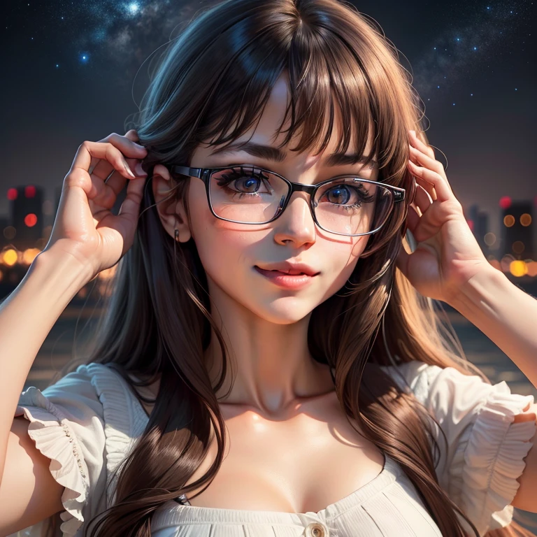 (Ultra Realistic), (Illustration), (High Resolution), (8K), (Very Detailed), (Best Illustration), (Beautiful and Detailed Eyes), (Best Quality), (Ultra Detailed), (Masterpiece), (Wallpaper), (Detailed Face), Solo, One Girl, Viewer, Fine Detail, Detailed Face, In the Dark, Deep Shadows, Low Key, pureerosfaceace_v1, Smile, Long Hair, straight hair, 46-point diagonal bangs, brown eyes, red glasses, background is the night sky --auto
