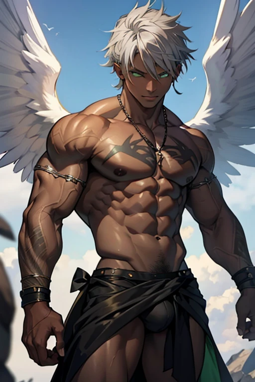 man, dark skin, green eyes, gray hair, angel wings, sexy incubus outfit, abs