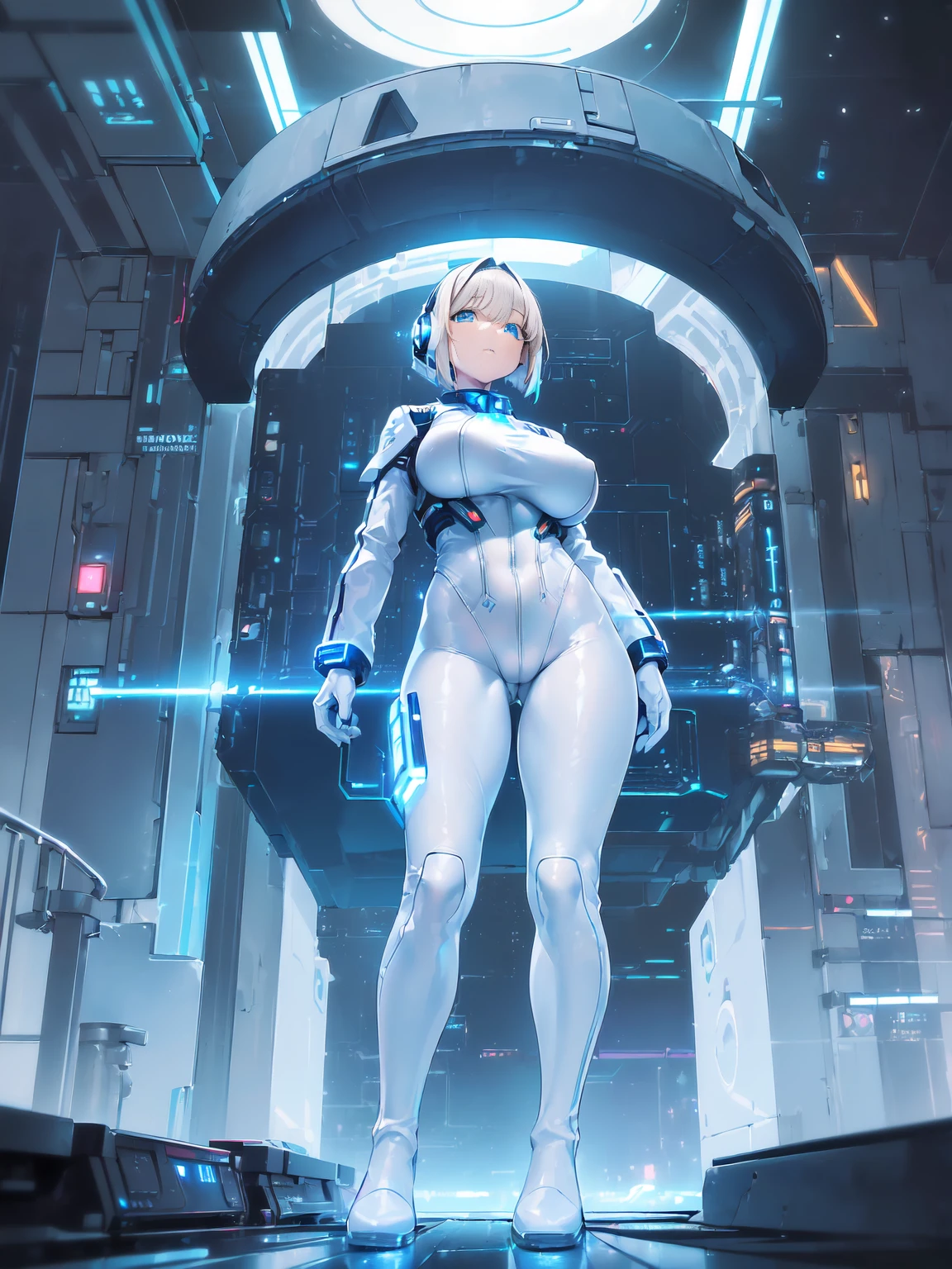 masterpiece:1.4, 1girl in ((20yr old, Wearing a futuristic white and silver costume, Tight Fit Bodysuit, long boots, Very gigantic-breasts, Multicolored blonde hair, a short bob, Perfect model body, Blue eyes:1.2, Wearing headphones, Looking out the window of the futuristic sci-fi space station、While admiring the beautiful galaxy:1.2, SFSF control room on night background:1.1, Neon and energetic atmosphere:1.2)) ((Galaxy))