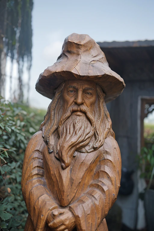 Arafed statue of a man with a hat and a beard, wooden statue, of an evil tree wizard, Retrato de Gandalf, Retrato de um bruxo, escultura em madeira, Gandalf, escultura de madeira, Retrato de Merlin, mago, escultura em madeira profissional, escultura feita de madeira, gandalf from lord of the rings, Assistente SAD, Retrato de um gnomo chamado Eldon