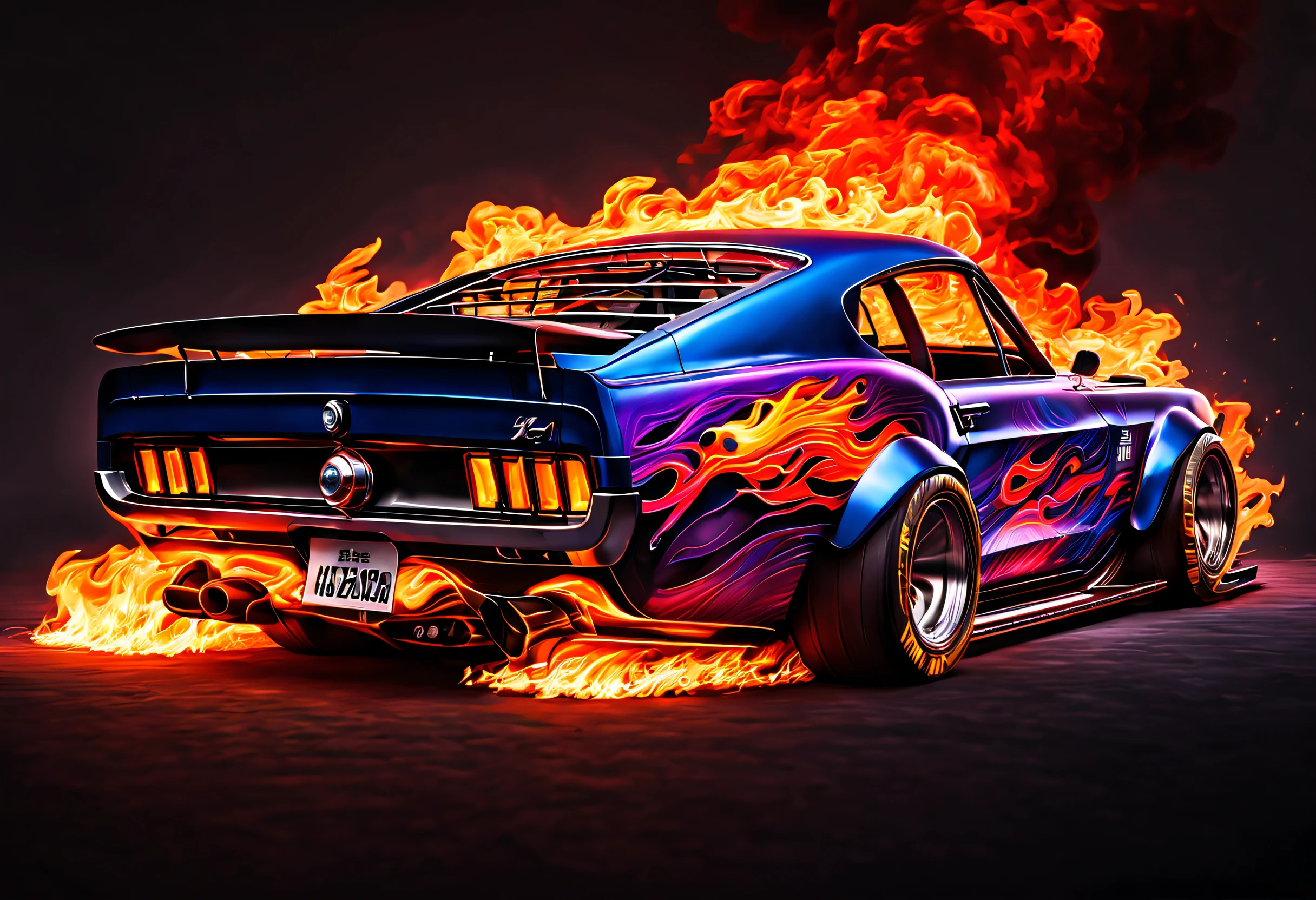 a (((hyper-realistic))), (((32k UHD masterpiece in the style of a cinematic art piece))). The focal point is a futuristic "race car muscle mustang" shown at a dynamic angle, engulfed in flames. The level of (detail is extraordinary), capturing the intricacies of the car's rear with bold textures and vibrant, contrasting colors. Predominantly blue and red hues dominate the composition, emphasizing the blazing car as the centerpiece. The fire is depicted with a mix of grays and purples, creating a dramatic and intense atmosphere. The smoke billows in all directions, adding a surreal element to the scene. The image, with an aspect ratio of 16:9, fills the screen, immersing the viewer in the cinematic experience. This hyper-realistic artwork draws inspiration from artists like Jackson Pollock, known for his dynamic "action painting" technique, and Salvador Dali, with his dreamlike, surreal images. The overall composition explores themes of speed, action, and transformation. The addition of film grain, sharp details, and a ((raw style reminiscent of Fujifilm XT3 35mm f4)) contributes to the ((studio art)) feel, creating a visually stunning representation of a (burning racing car).