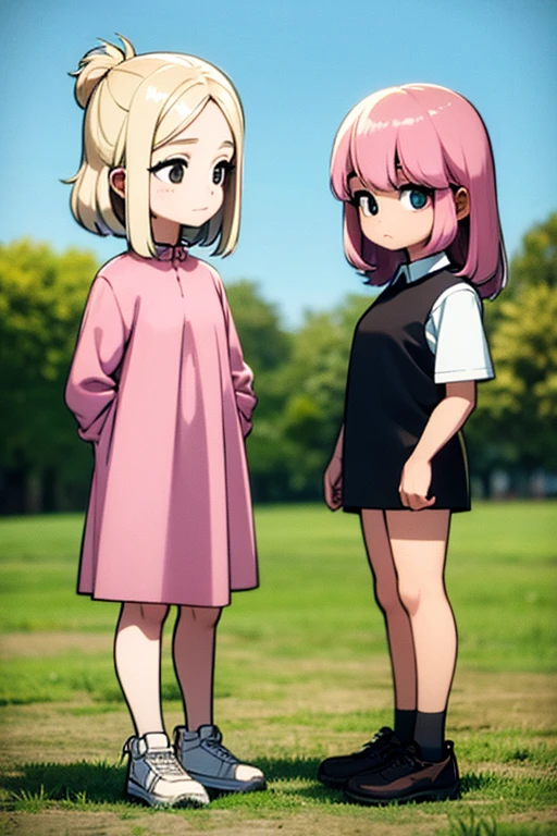 A light blonde haired little girl with hazel eyes is standing with  a pink haired girl with violet hair in a field.