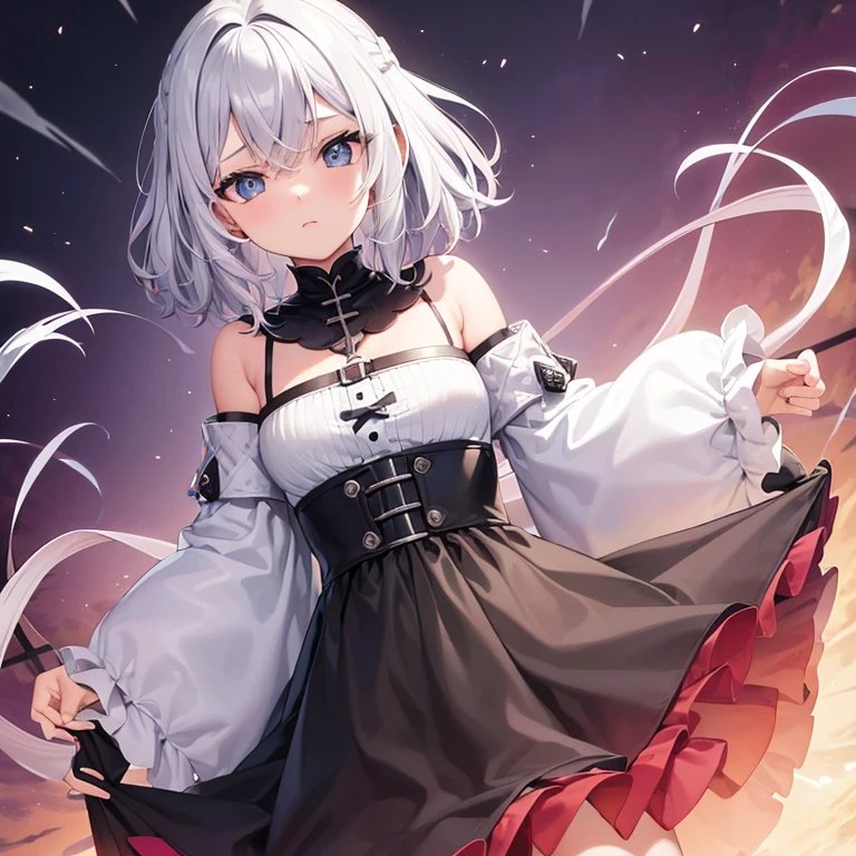 (melhor qualidade: 1.0), (super high res: 1.0), 1girl, personagem extremamente detalhado, detailed hands, Half-dragon girl, chifres, Girl with black dragon tail, Black dragon tail, Cabelo extremamente detalhado, cabelo curto, ((short hair)), ((cabelos brancos)), ((Dicas de cor preta)), olhos extremamente detalhados, olho com cores diferentes, Heterocromia, Olho direito de cor branca, Olho esquerdo de cor preta, dragon eyes, 2D, Arte de Anime, ((barnet)), ((corpo inteiro)), standing on her feet, medieval, RPG, pequena, baixa, (Altura Pequena), peitos pequenos, (adolescente), olhar morto, grim expression, preocupado, look of tiredness, camisa de manga comprida + Branco + open buttons, Black jacket, brincos de estrela + Branco, vestido medieval + preto, pantyhose + black + white, salto alto