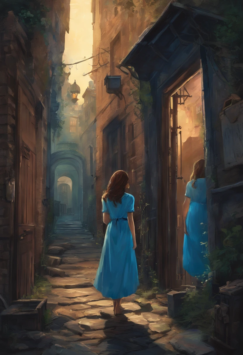 seen from afar a young female adult with long beautiful brown hair, she is wearing a nice blue summerdress when she finds a secret door in a small alleyway in the center of Berlin that leads into a new mystical world