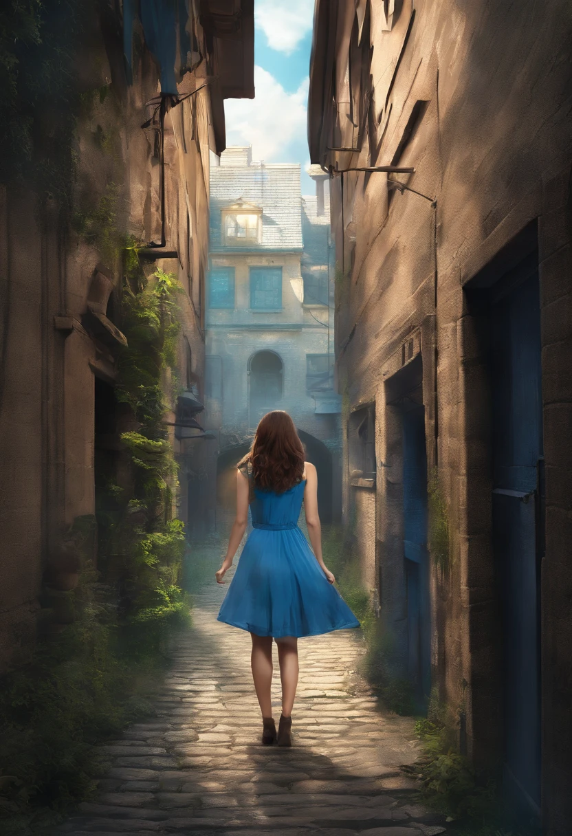 seen from afar a young female adult with long beautiful brown hair, she is wearing a nice blue summerdress when she finds a secret door in a small alleyway in the center of Berlin that leads into a new mystical world