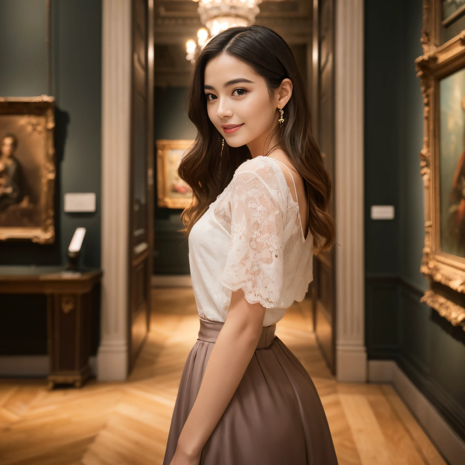 (top-quality、masutepiece、in 8K、Top image quality)、Beauty 1 person、accurate anatomy、take a photo of her upper body、cowboy  shot、woman looking at art、perfect works、Perfect makeup、smile looking at me、The most luxurious and classy tops、The most luxurious and elegant long skirt、Clothes with a causal relationship、Elegant and beautiful wavy hair、Inside one of Europe&#39;s finest museums、Exhibition of numerous art works、Detailed interior of gorgeous museum、It feels very luxurious、Very luxurious、solemnity、gotik、a gorgeous