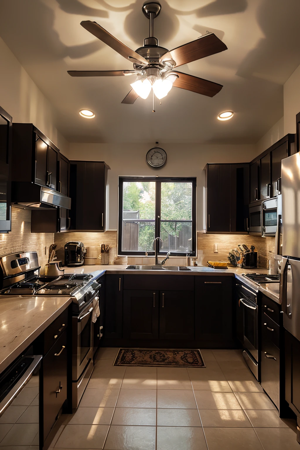A realistic kitchen with a smart ceiling fan, smart microwave, smart stove, smart expresso machine, and two solar lights illuminating the room from the ceiling.