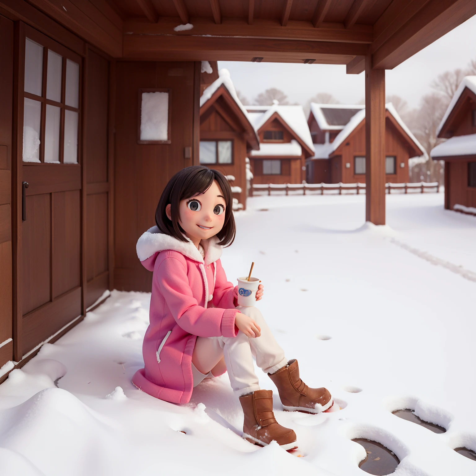 Emily the next morning。When I look out the window、There are footprints left in the fallen snow.。Emily smiling and looking outside。