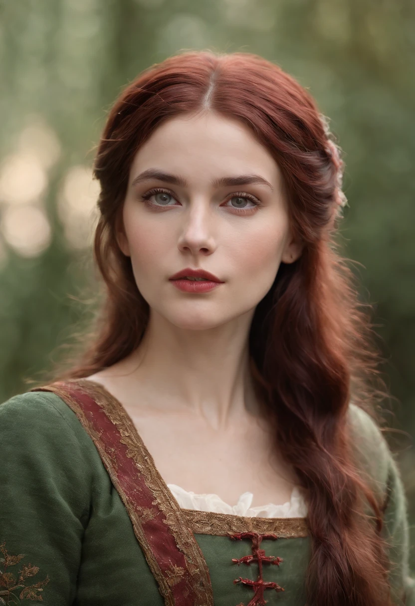 (((A deep reddish scar runs across her left cheek))) light skinned, Women around 19 years old, Natural gray hair, Distinctive green eyes, Wearing Cole, slender and graceful,, Beautiful, Candlelight in medieval atmosphere, Ultra Sharp Focus, realistic shot, Women's clothing in the Middle Ages, Tetradic color (Scar:1.4)