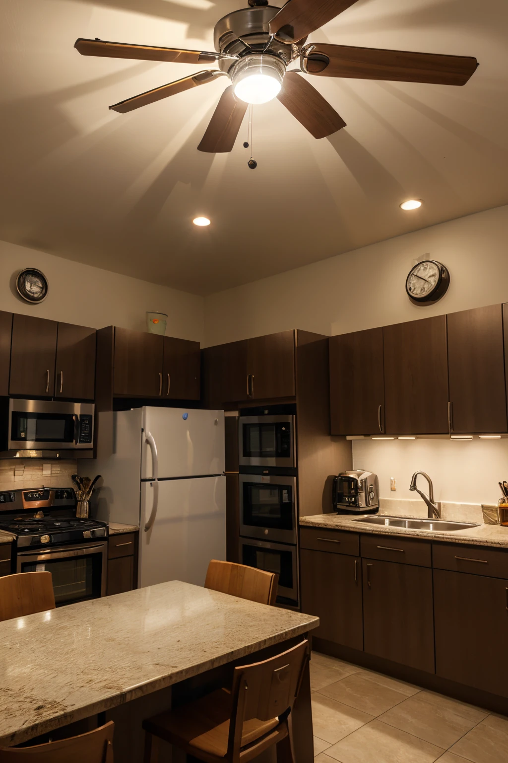 A realistic kitchen with a smart ceiling fan, smart microwave, smart stove, smart expresso machine, and two solar lights illuminating the room from the ceiling.