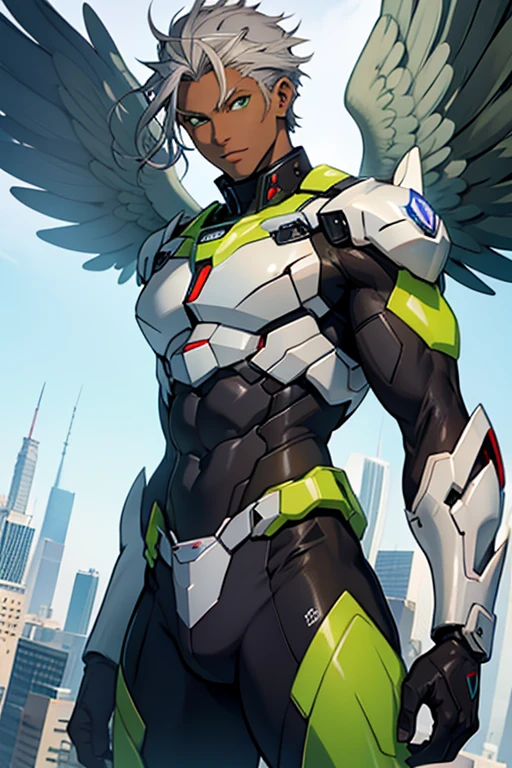 man, dark skin, green eyes, gray hair, angel wings, sexy mecha outfit, abs