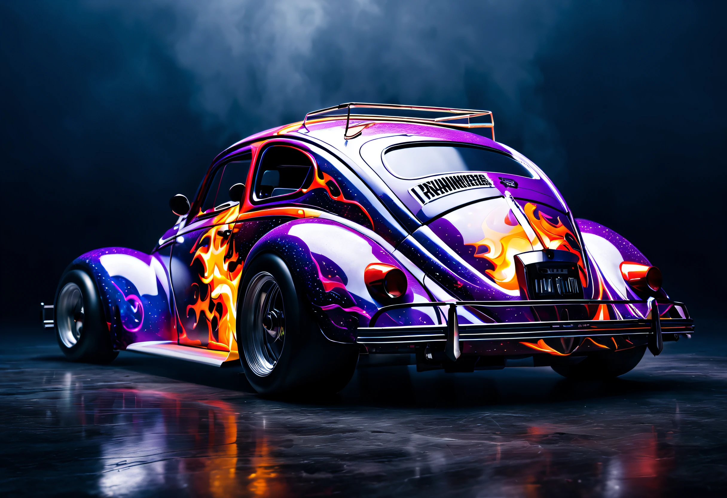 a (((hyper-realistic))), (((32k UHD masterpiece in the style of a cinematic art piece))). The focal point is a futuristic "race car muscle beetle" shown at a dynamic angle, engulfed in flames. The level of (detail is extraordinary), capturing the intricacies of the car's rear with bold textures and vibrant, contrasting colors. Predominantly blue and red hues dominate the composition, emphasizing the blazing car as the centerpiece. The fire is depicted with a mix of grays and purples, creating a dramatic and intense atmosphere. The smoke billows in all directions, adding a surreal element to the scene. The image, with an aspect ratio of 16:9, fills the screen, immersing the viewer in the cinematic experience. This hyper-realistic artwork draws inspiration from artists like Jackson Pollock, known for his dynamic "action painting" technique, and Salvador Dali, with his dreamlike, surreal images. The overall composition explores themes of speed, action, and transformation. The addition of film grain, sharp details, and a ((raw style reminiscent of Fujifilm XT3 35mm f4)) contributes to the ((studio art)) feel, creating a visually stunning representation of a (burning racing car).