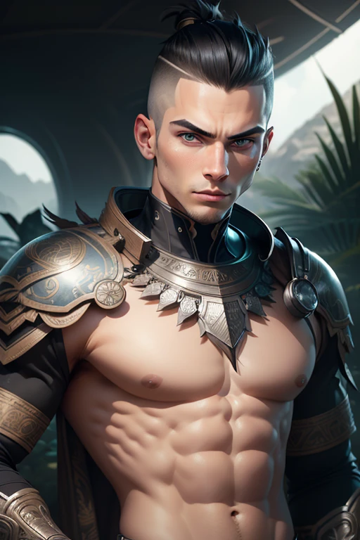 ((La mejor calidad)), ((Obra maestra)), (Detallado), Cara perfecta A highly detailed photograph of a white 18-year-old men sexy handsome , blue eyes,serious, angry, warrior. side shaved hairstyle short hairstyle on top black hair, clean face without imperfections,posing from front view to camera, futuristic warrior nude, cover his bulge with leaves, looking straight at the camera,masculine pose, big bulge, looking at the camera head on, handsome, atractive, with mischievous look, serious expression, in a futuristic selvatic planet, beautiful illumination. hyperrealistic, hyperdetailed, 4k,