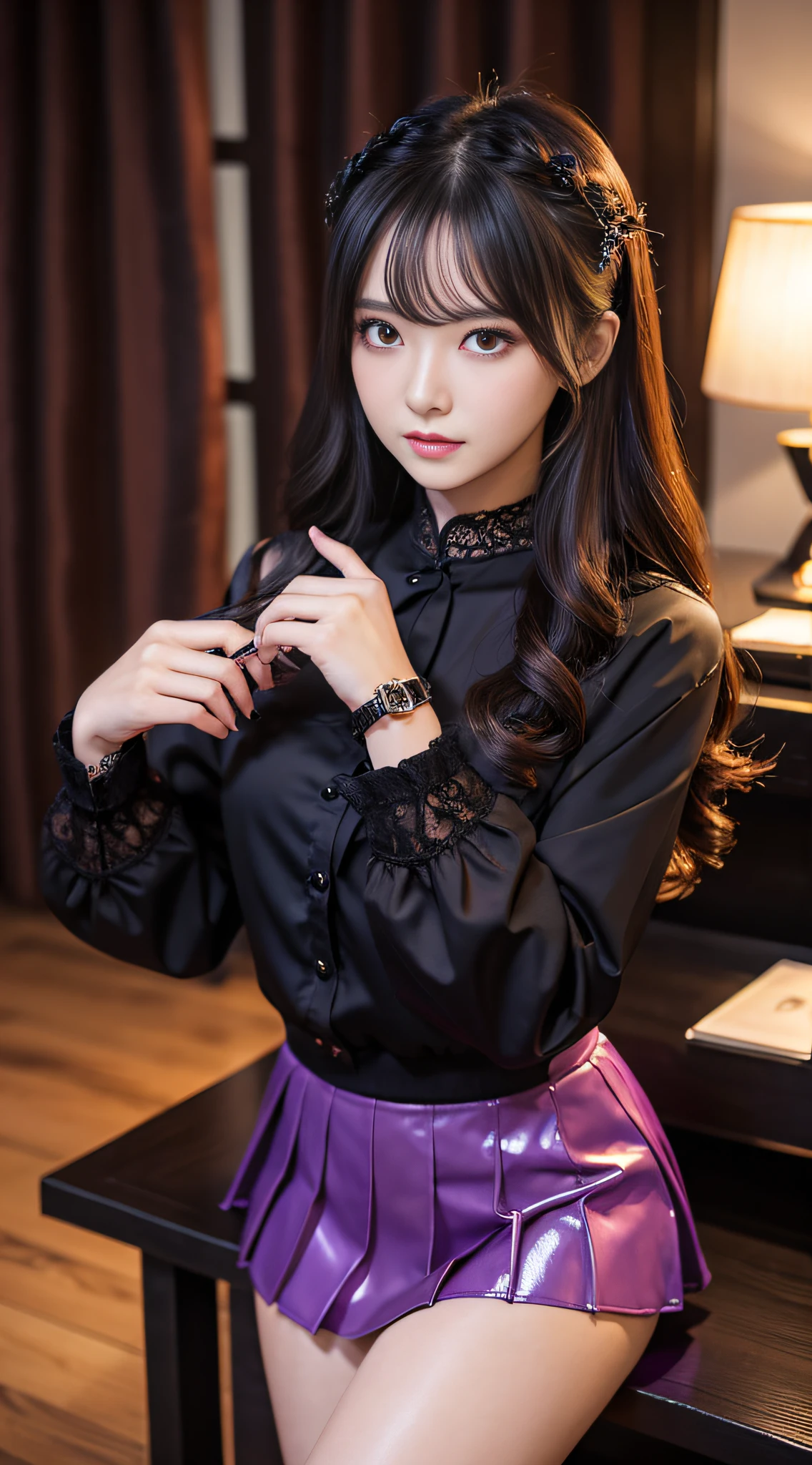 Fascinating beauty、kawaii、ren、curl hair、校服、Blouse、jaket、tight skirts、Evil Female Executive、Evil Fall、Dark、brainwash、panthyhose、lacy fabric、Glossy legs、Glossy feet、Long Eyeshadow、Purple eyes、Evil look、Suspicious look、Hollow eyes、darkened room、Night、wicked、seductiv