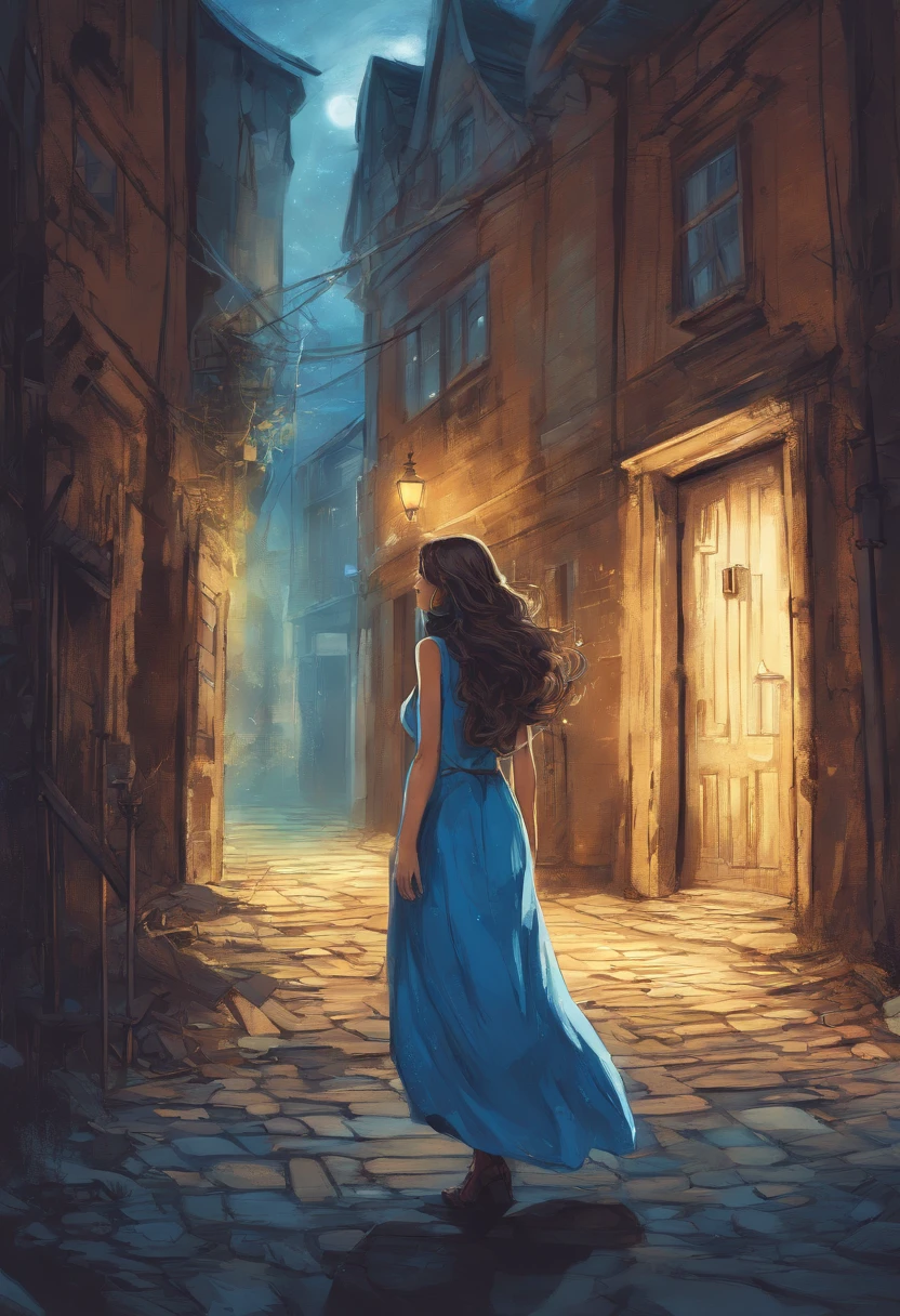young female adult with long beautiful brown hair, she is wearing a nice blue summerdress when she finds a secret door in a small alleyway in the center of Berlin that leads into a new mystical world, where small blue lightnings surrounds her