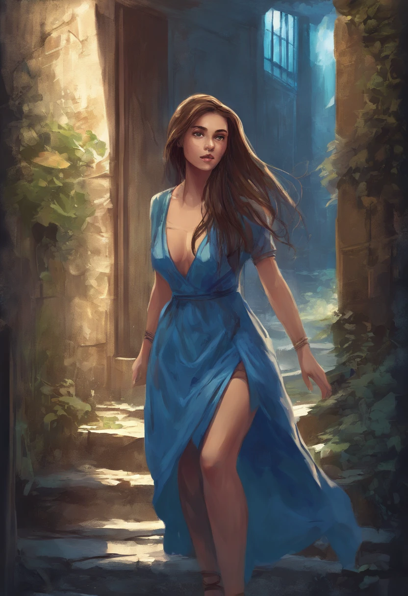 young female adult with long beautiful brown hair, she is wearing a nice blue summerdress when she finds a secret door in a small alleyway in the center of Berlin that leads into a new mystical world, where small blue lightnings surrounds her