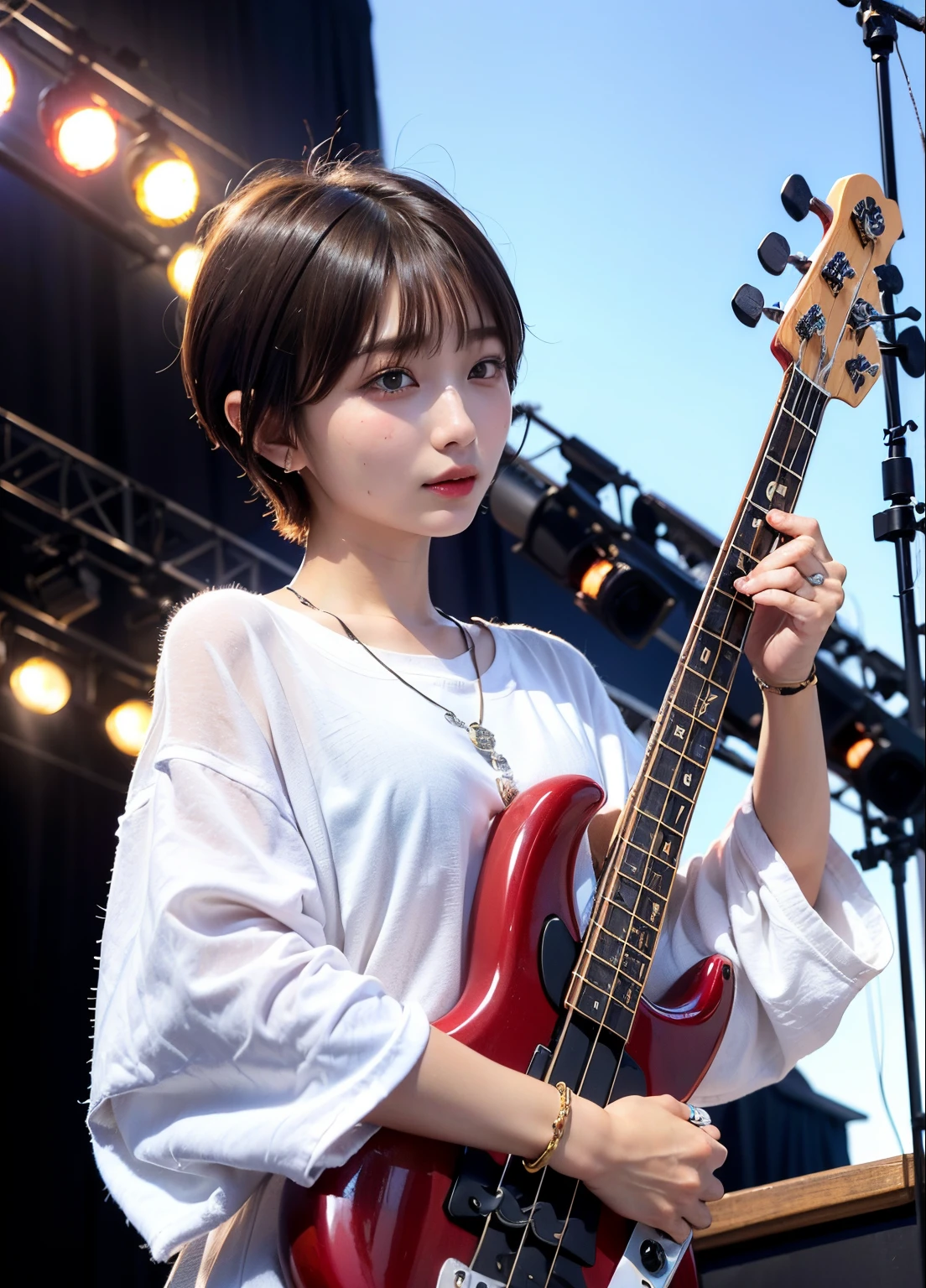 ((top-quality))、(​masterpiece:1.4)、Raw photography、8K、((Top image quality))、 ((hight resolution))、Beautiful face in every detail、Realistic human skin、Gentle expression、(One lady:1.3 )、realisitic、Photorealsitic、(extra very short hair:1.4)、(Beautuful Women)、(cute Japanese girls)、(boyish:1.3)、(mannish)、((Pretty Woman))、(Beautiful hair)、((dark brown  hair))、(((Red cheeks)))、((Her eyes are big))、20-year-old beauty、(her face is small:1.7)、small head、((long neck))、pale skin、Spot-free skin、With bangs、Everyone longs for、japanese beautiful woman、eight heads high、(a necklace)、(music festival:1.4)、blue-sky、singers、(Concert T-shirt)、smil、(Oversized clothes:1.3)、Happy look、(bass guitar:1.3)、(On stage:1.3)、blue-sky、Stand Microphone、wristbands、A bracelet、