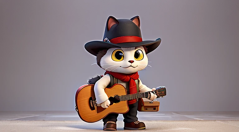 Dressed in a black western look、A wandering private detective cat carrying a white guitar on his back..red scarf